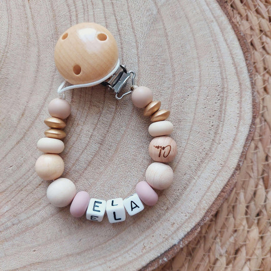 Attache tétine rose pâle et bois - cokon