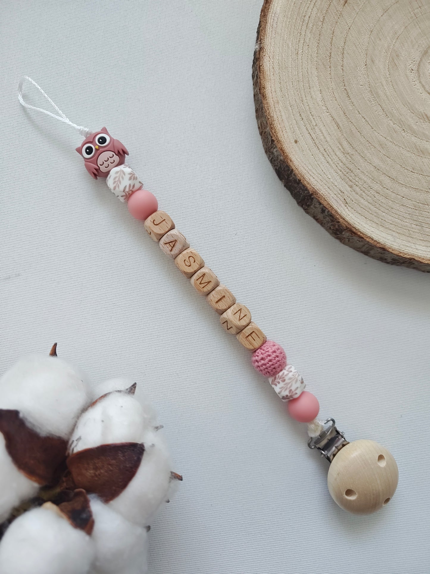 Attache tétine Hibou Rose