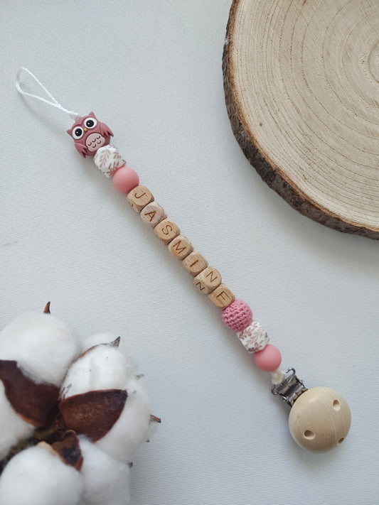 Attache tétine Hibou Rose