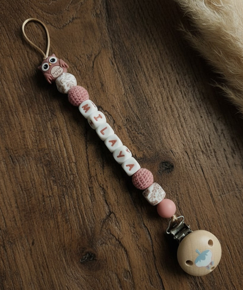 Attache tétine Hibou Rose